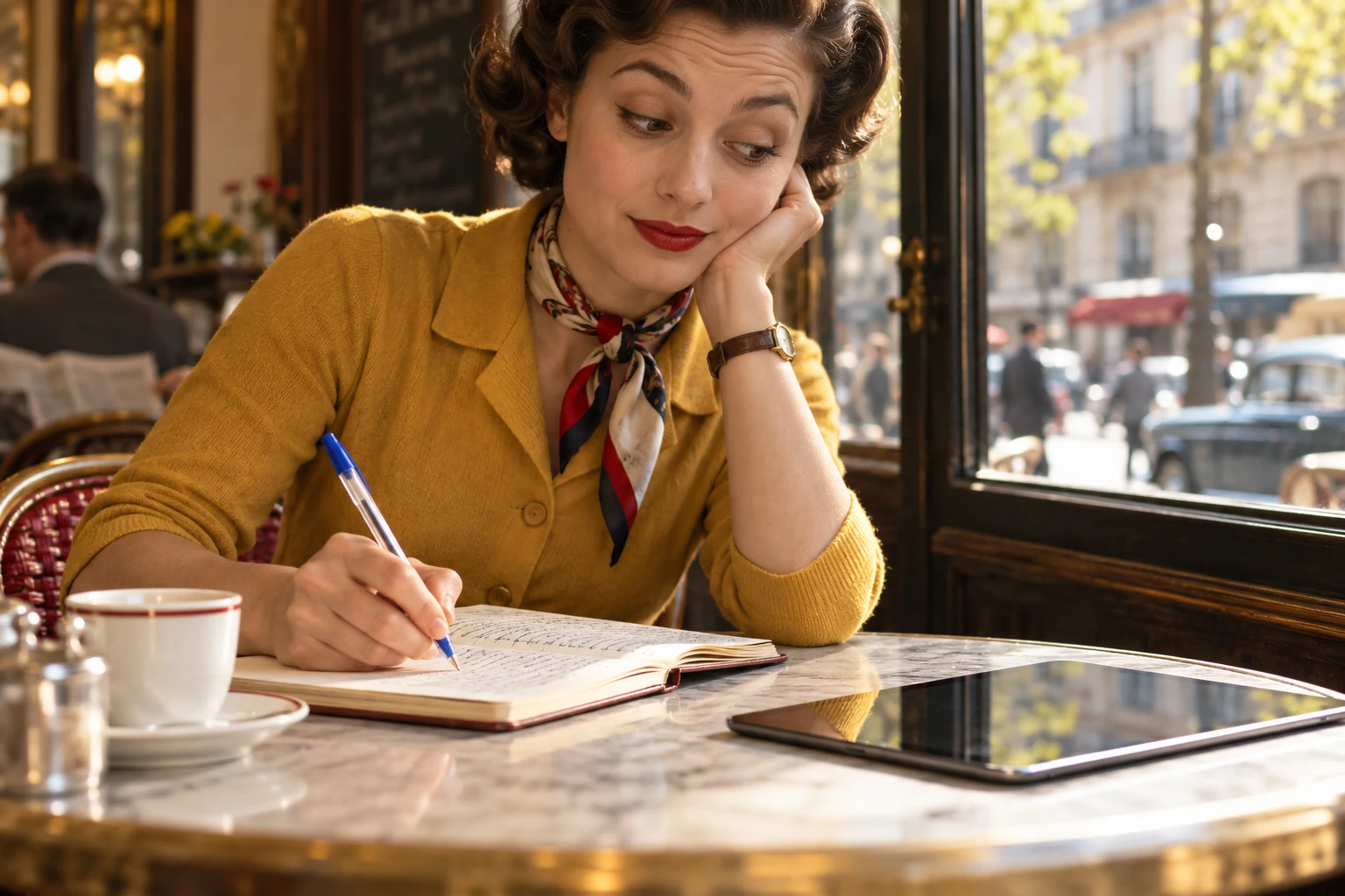 Fiction anachronique : dans un café de 1950, une personne écrit au stylo près d’une tablette moderne.