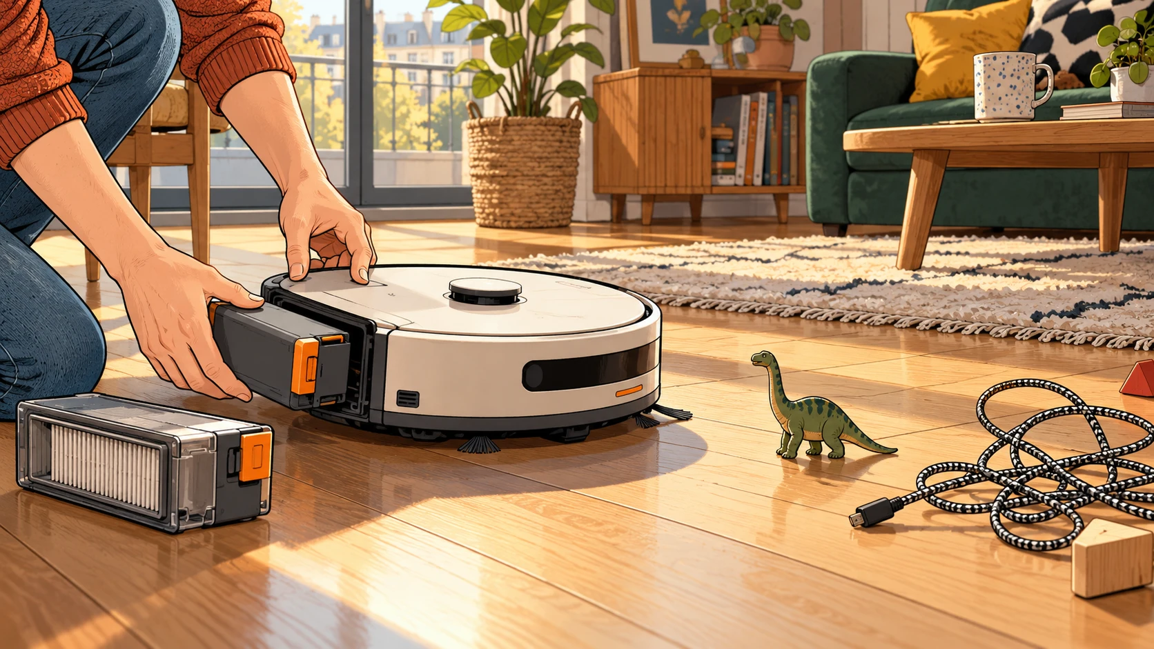 Concept imaginé : robot de nettoyage à modules remplaçables, arrêté devant un petit dinosaure et un câble.