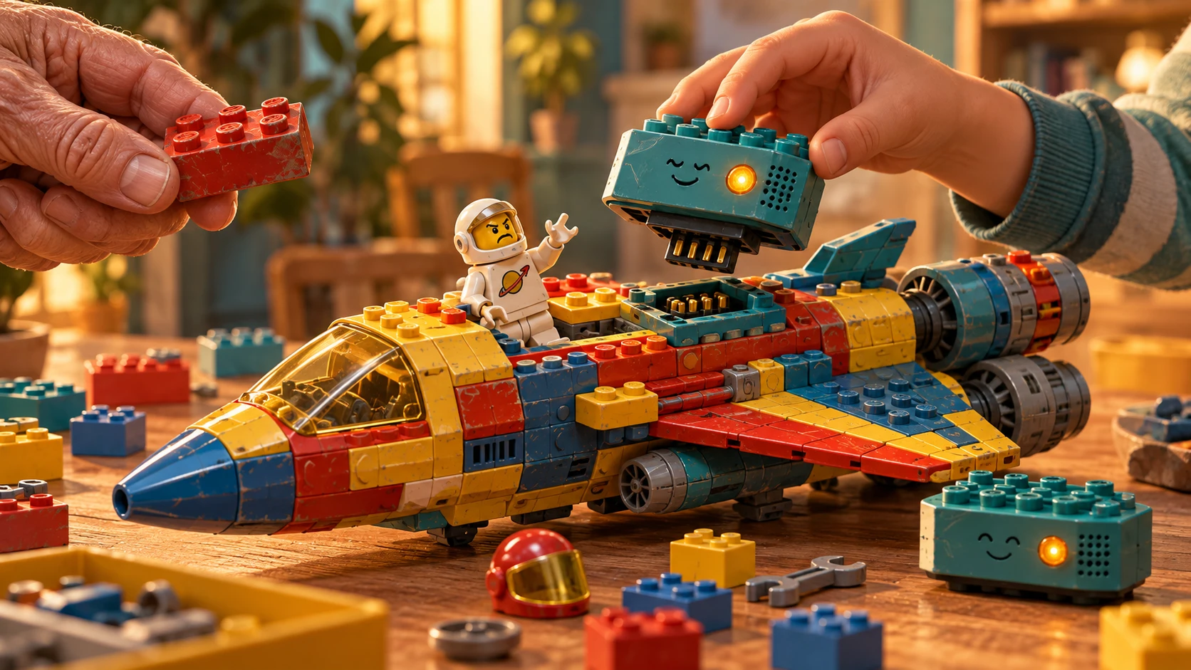 Concept prospectif PICKBAAM : un vaisseau en briques anciennes et nouvelles reçoit un module sonore amovible ; son petit pilote semble protester.
