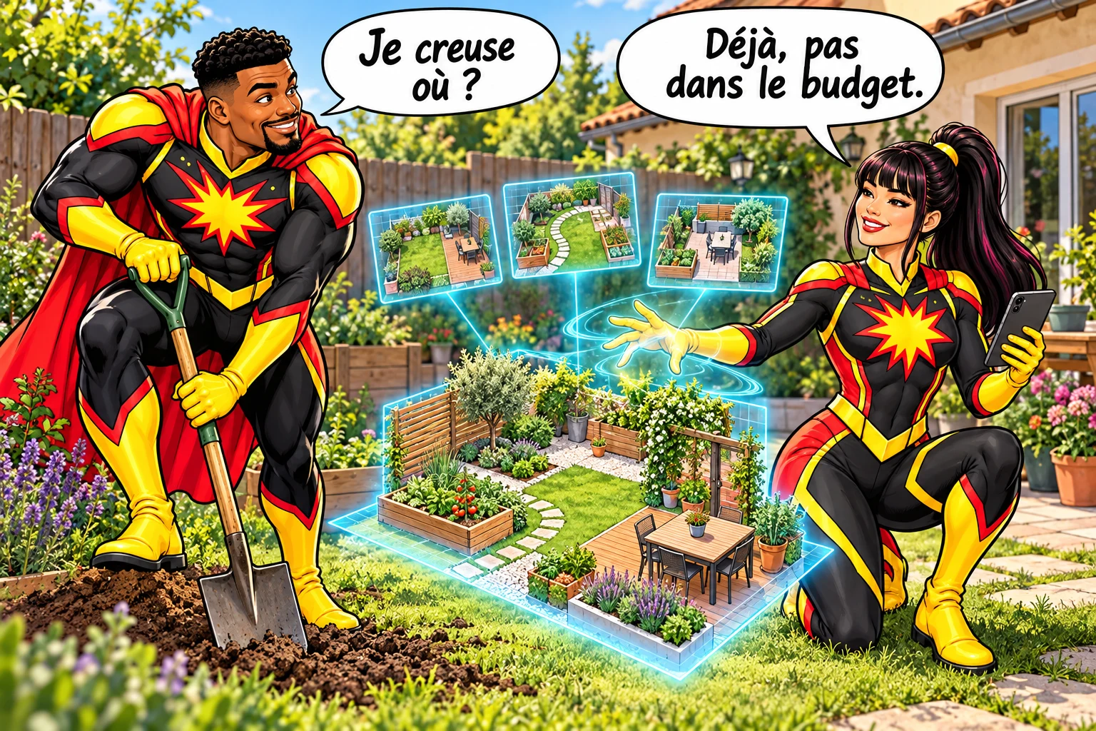 Le présentateur, une bêche en main, demande « Je creuse où ? ». La Vaillante projette des plans de jardin en hologramme et répond « Déjà, pas dans le budget. »